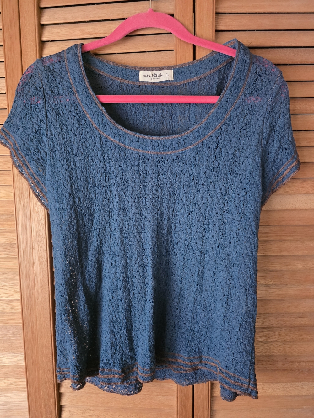 NATURAL LIFE Blue Lace Short Sleeve Scoop Neck Top